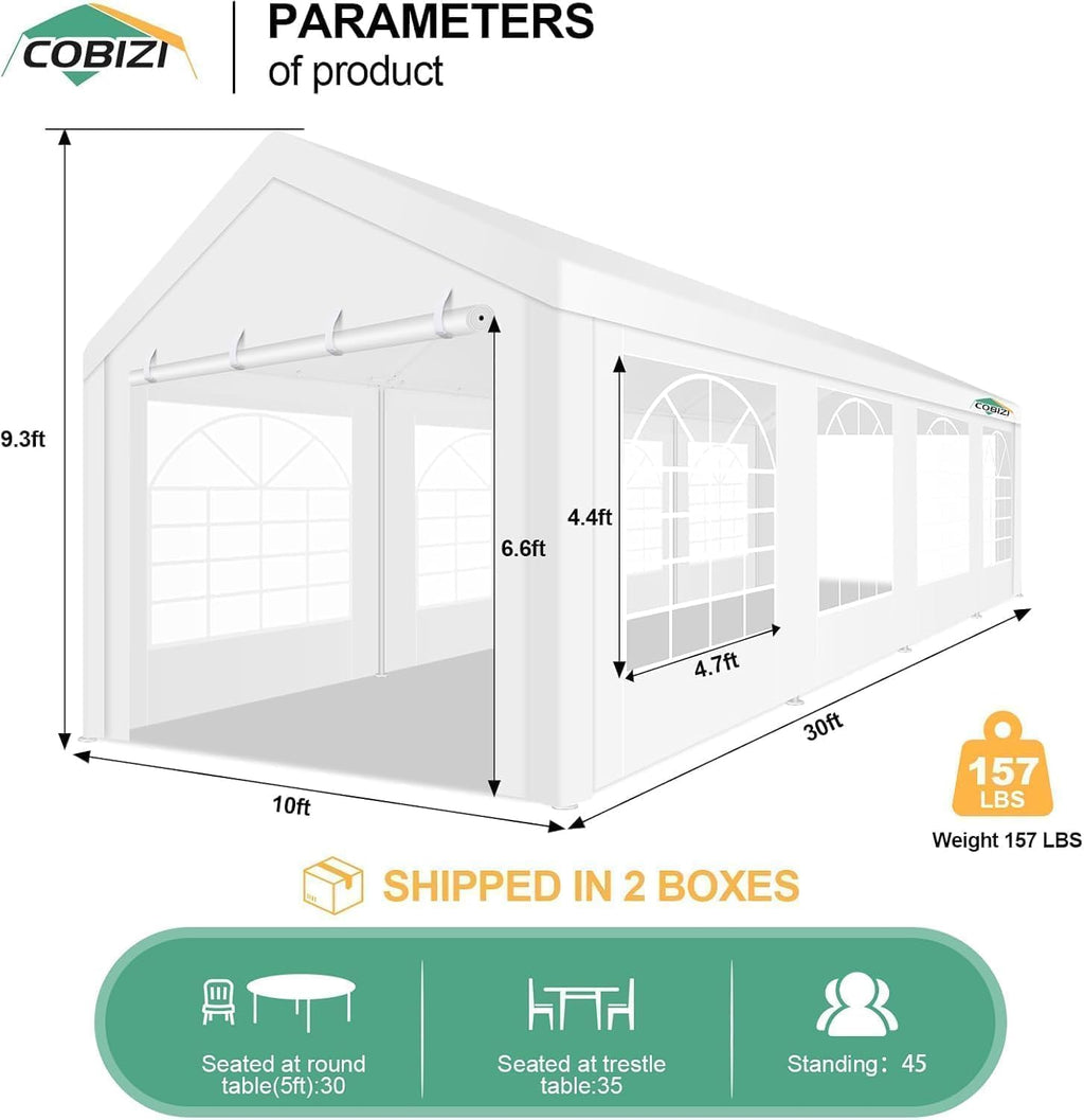 COBIZI 10x30FT Party Tent Heavy Duty Event Shelter Outdoor Wedding Gazebo Canopy Tent for Parties Carport BBQ Commercial with Removable Sidewall Windows, Powder Coating (Better Than Galvanized),White