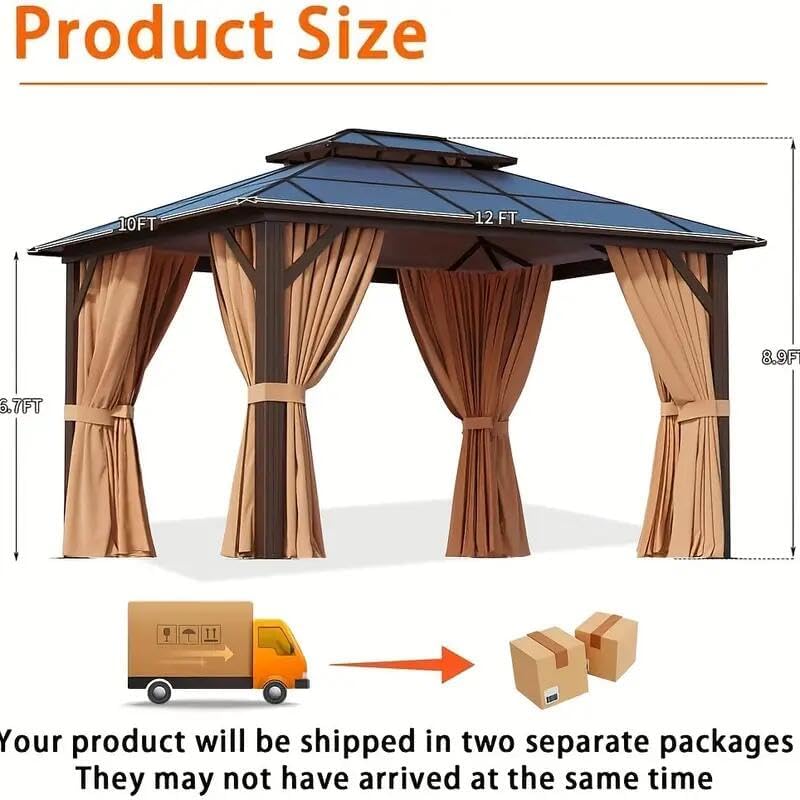 Hardtop Gazebo 10x12FT Hardtop Gazebo, Aluminum Frame Permanent Pavilion with Curtains and Netting, Outdoor Polycarbonate Gazebo, Double Roof Canopy, for Gardens, Patios, Lawns