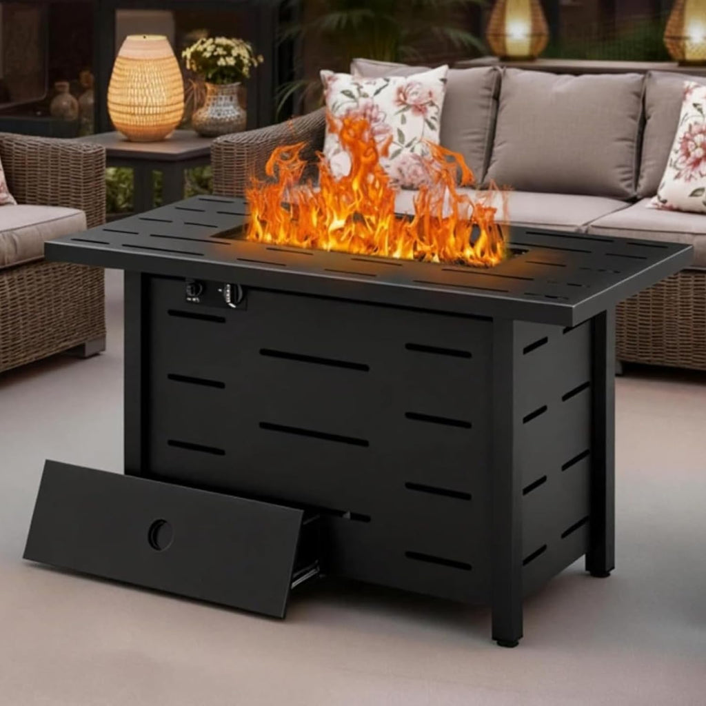 43 Inch Propane Fire Pit Table for Patio & Backyard, 50,000 BTU Steel Gas Fire Pit with Lid & Lava Rocks, Outdoor Table Heater for Deck, Garden, Smokeless Flame