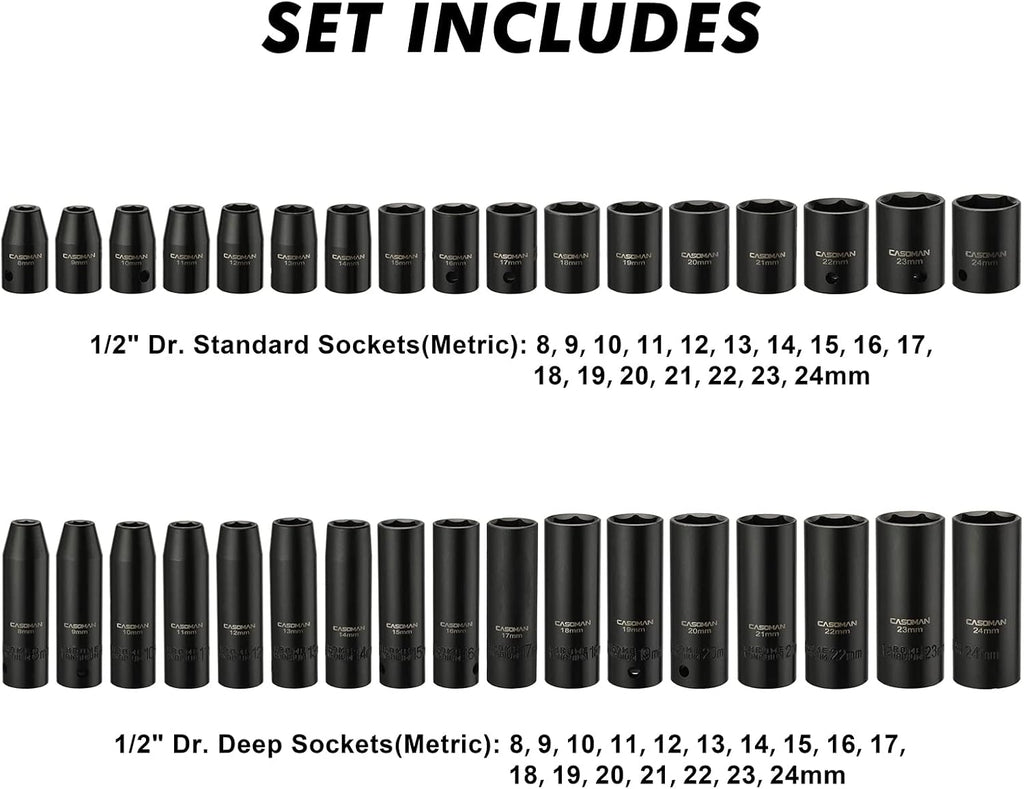 CASOMAN 1/2-inch 70 Pieces Impact Socket Master Set, SAE & Metric from 5/16'-1-1/4',8-24mm, Shallow/Deep Socket with Ratched Hand, Extension Bar and Adapters
