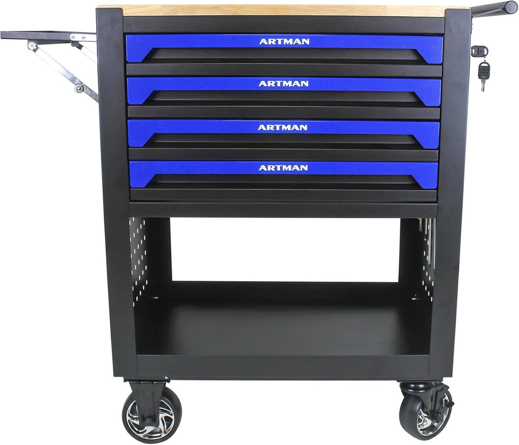 36' Tool Box with Wheels 4 Drawers Rolling Tool Cart, Wooden Top Workbench, 660lbs Total load Tool Cabinet with Locked Drawers Storage Organizer Cabinet for Garage, Warehouse, Repair Shop - Blue