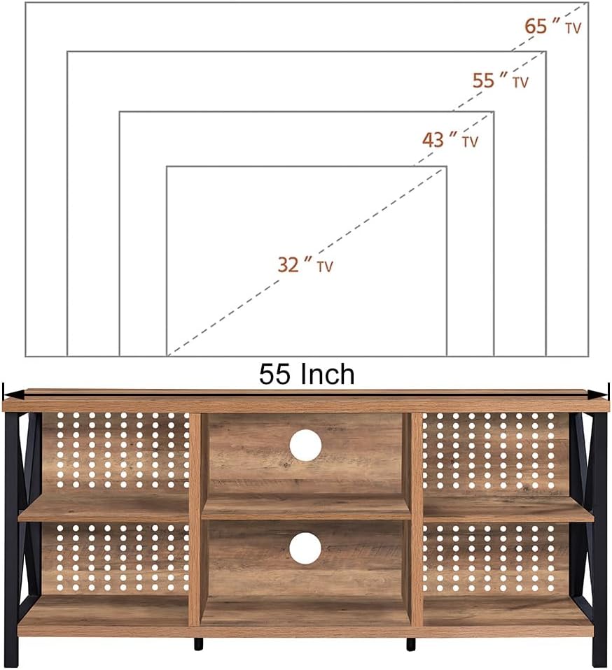 LVB Rustic Entertainment Center for 65 Inch TV, Industrial Wood and Metal TV Stand with Storage Shelf, Modern Television Media Console Table with Cabinet for Living Room Bedroom, Rustic Oak, 55 Inch