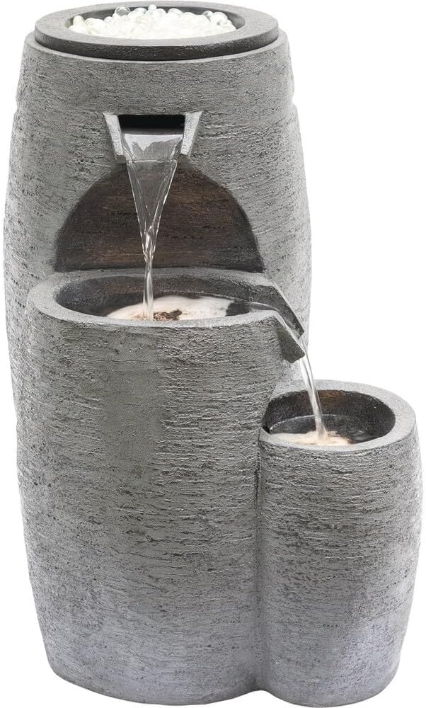 Alpine Corporation WTO120 Outdoor Cascading Look 3 Tiered Fire and Water Fountain with Adjustable Flame and LED Lights, 27' Tall, Gray