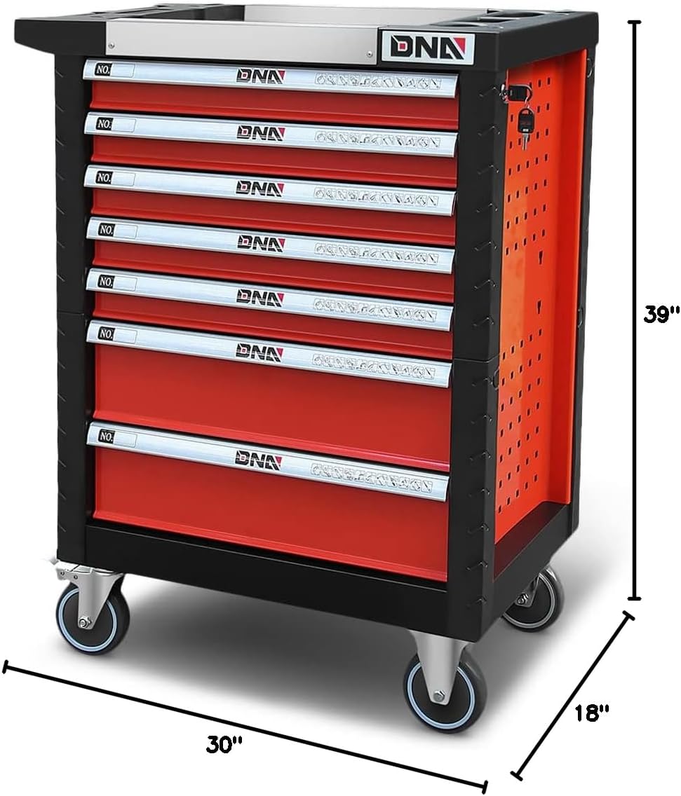 DNA Motoring 7-Drawer Rolling Tools Chest, Rolling Tool Storage Cabinet, Heavy Duty Mechanic Tool Cart, Trolley Organizer for Garage, Warehouse, Workshop, w/Keys, Red, Upgrade Package, TOOLS-10001