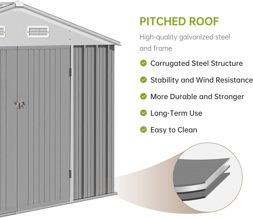 10X12 Ft Outdoor Metal Storage Shed with Roof, Weatherproof Steel Tool Shed with Lockable Door for Lawn Mower, Bike & Garden Equipment Storage