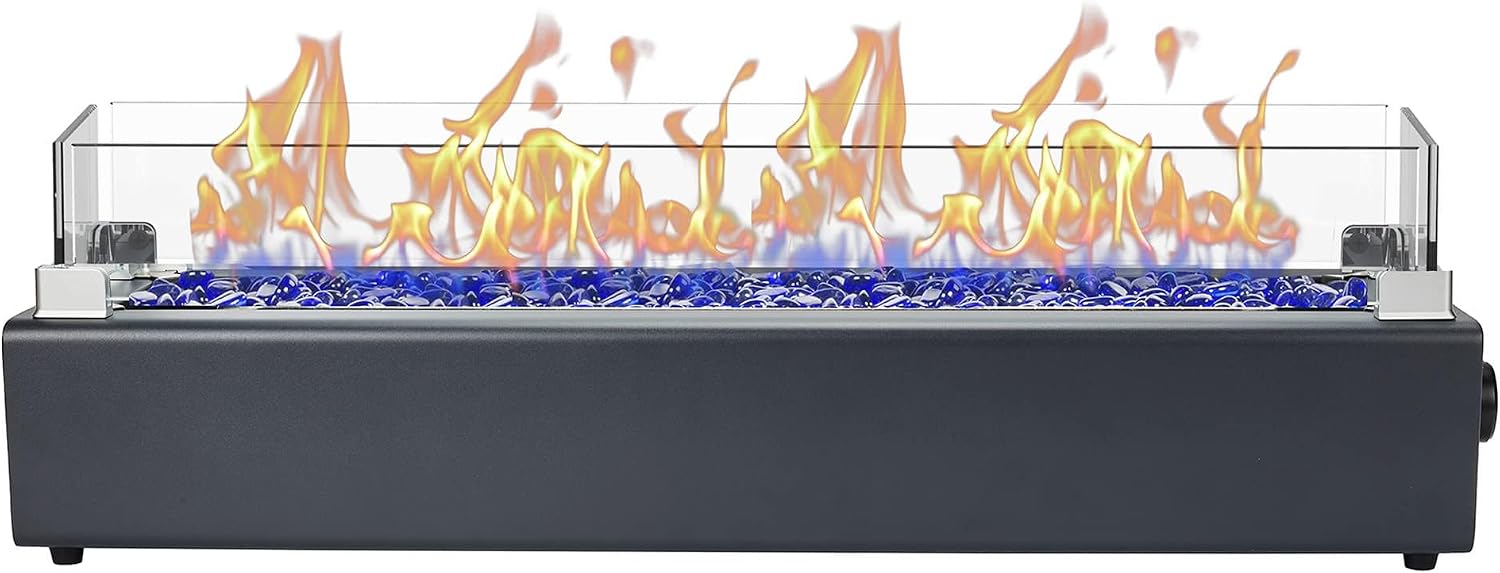 28-inch Table Top Propane Fire Pit, 40,000 BTU Tabletop Firepit for Patio, Outdoor Portable Rectangular Fire Bowl w/Wind Glass Shield, Glass Rocks - Carbon Gray