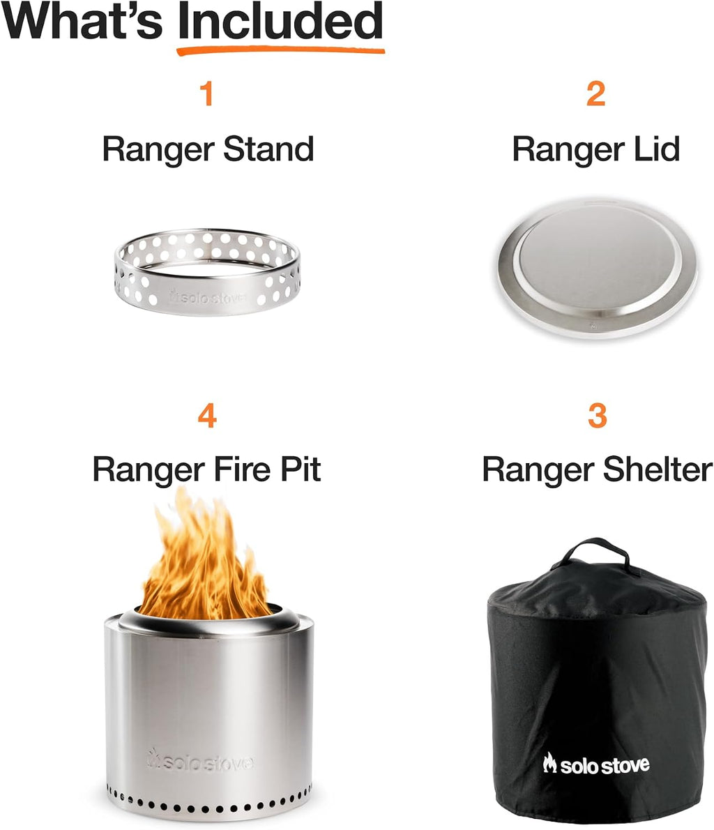 Solo Stove Ranger Amazon Exclusive Fire Pit Bundle | Portable & Smokeless | Includes Stand, Lid & Shelter | Ideal for 2–4 People | Stainless Steel, 15'x15', 22lbs