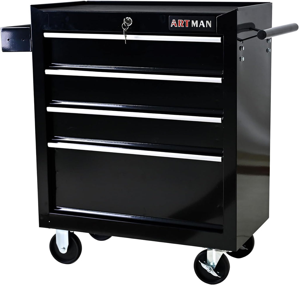 Aokleo 4 Drawers Tool Cart on Wheels, 4 Drawer Rolling Tool Chest with Key Lock, Trolley Organizer Tool Case, Multifunctional Rolling Tool Box for Garage,Warehouse,Workshop,Repair Shop (Black)
