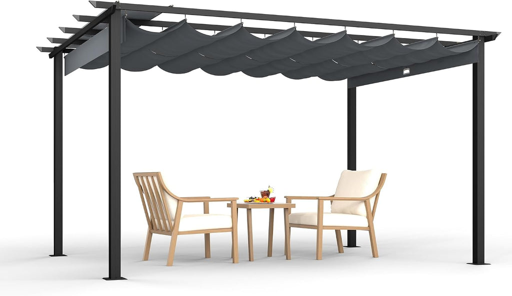HAPPATIO 10' X 13' Retractable Pergola with Sun Shade Canopy, Patio Aluminum Frame Shelter for Backyards, Gardens, Porch, Includes Ground Studs and Expansion Screws (Grey)