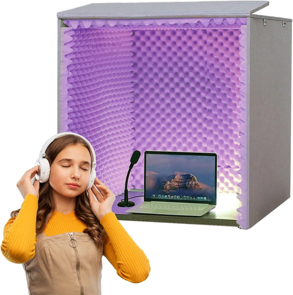 Desktop Soundproof Cover, 80*80*80CM Portable Soundproof Booth Recording Vocal Booth Box Isolation Shield for Microphone Recording Equipment Podcasts Singing Gaming and Broadcasting ( Color : Purple )