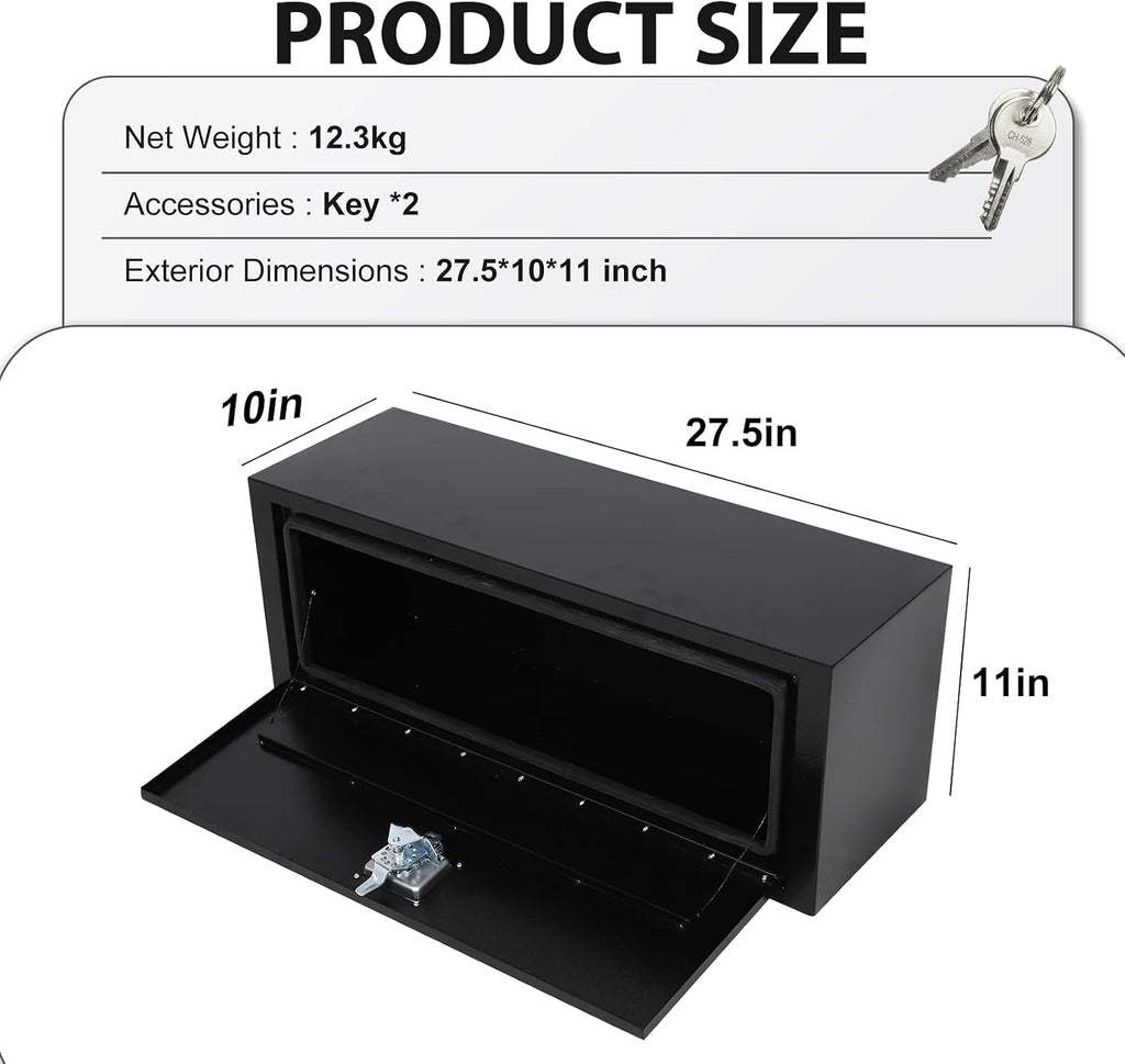 27 Inch Underbody Tool Boxes for Truck 2 Pack, 27.5 x 10 x 11 Inch Steel Under Body Storage Box with T-Handle Latch, Waterproof Heavy Duty Toolbox for Pickup Truck RV, Black (Pack of 2)
