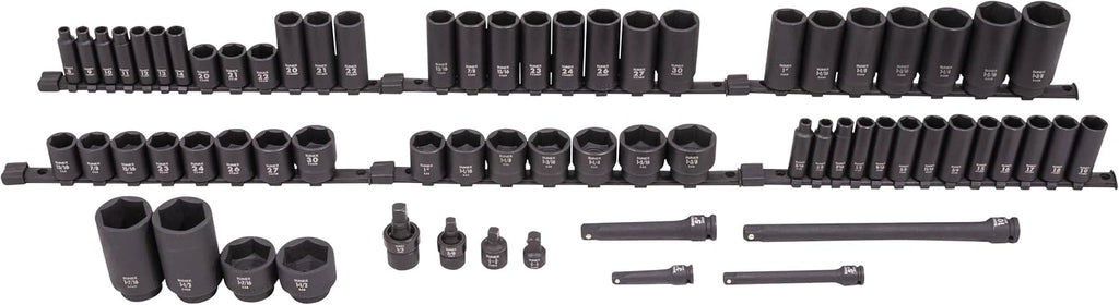 SUNEX 1068 3/8' & 1/2' Drive SAE & Metric 6 Point Standard & Deep Master Impact Socket Set, 68-Piece