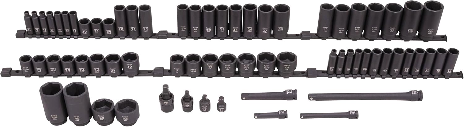 SUNEX 1068 3/8' & 1/2' Drive SAE & Metric 6 Point Standard & Deep Master Impact Socket Set, 68-Piece