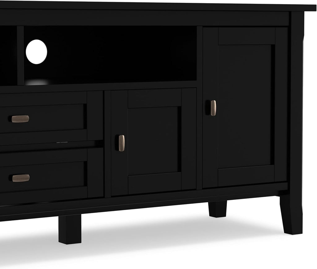 SIMPLIHOME Warm Shaker TV Stand - 72 inch Wide Solid Wood Media Console in Black, Transitional Entertainment Center for Living Room for TVs up to 80 Inches with Cabinets and Cable Management