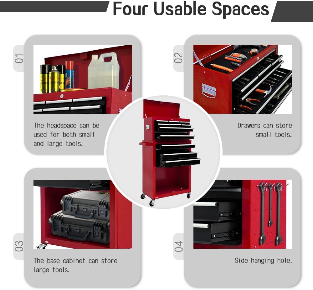 13-Drawer Tool Chest with Wheels, 2 in 1 Detachable Rolling Toolbox with Drawers, Large Tool Box with Lock, Mobile Steel Tool Cabinet Storage for Warehouse, Garage (Red&Black)