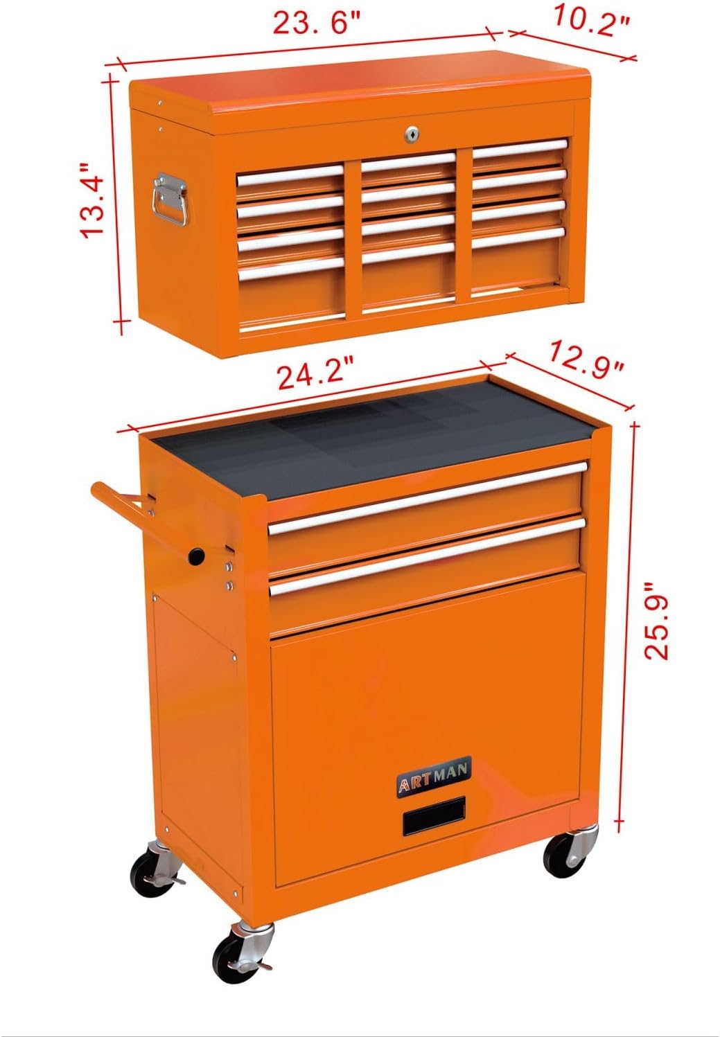 Rolling Tool Chest, 8 Drawers Rolling Tool Chest with Wheels, Portable Rolling Tool Box On Wheels, High Capacity Tool Chest Organizer for Garage, Workshop, Home Crafts Use Orange Color