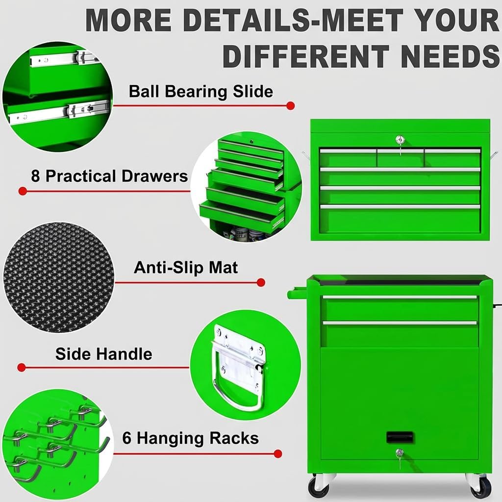 Dawmilon Tool Chest, 8-Drawer Rolling Tool Storage Cabinet with Wheels, Detachable Top Tool Box, and Locking Mechanism, Metal Barber Tool Cart with Liner and 6 Hooks for Garage, Workshop, Green