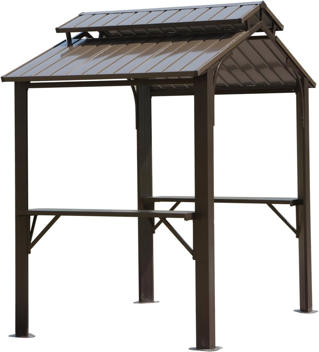 【LuckyNote】8×5FT Hardtop Grill Gazebo, Outdoor BBQ Gazebo w/Galvanized Steel Double Roof, Permanent Sun Shade Grill Canopy Shelter with 2 Side Shelves and Ceiling Hook for Patio Deck,2 parcels (Brown)