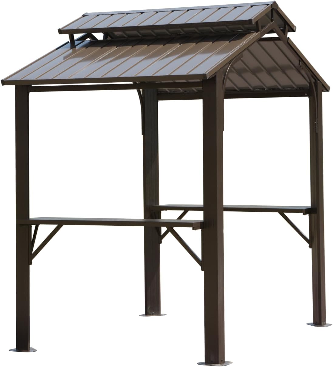 【LuckyNote】8×5FT Hardtop Grill Gazebo, Outdoor BBQ Gazebo w/Galvanized Steel Double Roof, Permanent Sun Shade Grill Canopy Shelter with 2 Side Shelves and Ceiling Hook for Patio Deck,2 parcels (Brown)