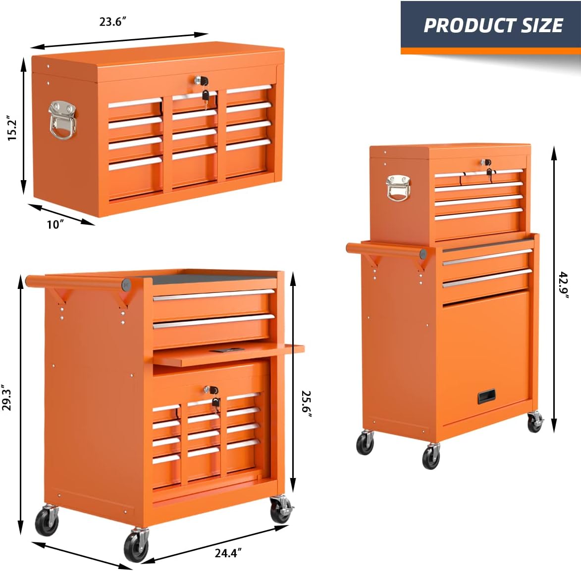 8-Drawer Rolling Tool Box, Lockable Rolling Tool Chest with Wheels and Drawers, 2 in 1 Large Capacity Storage Tool Cabinet for Warehouse, Garage, Tool Room and Repair Shop (Orange)