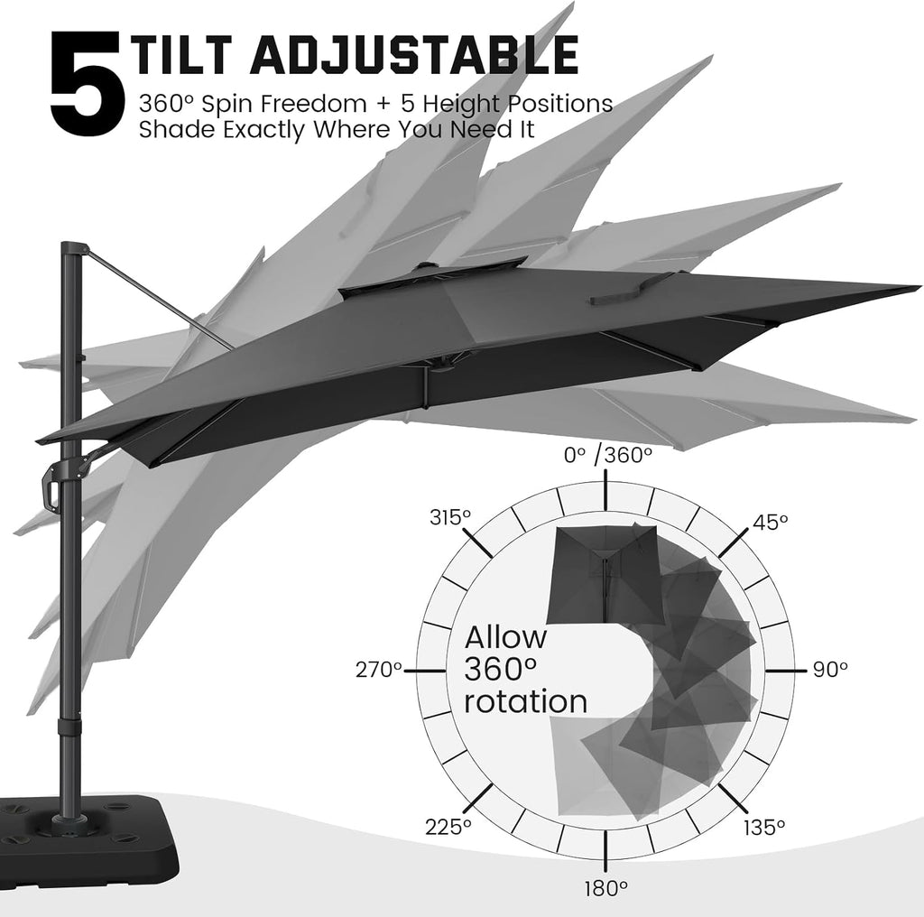 Hoteel 10ft Patio Umbrella Heavy Duty Aluminum Windproof & Shade Provision Outdoor Cantilever Double Top Offset Large Umbrella Height Adjustable with 360°Rotation for Patio Pool Deck Gazebo, Gray