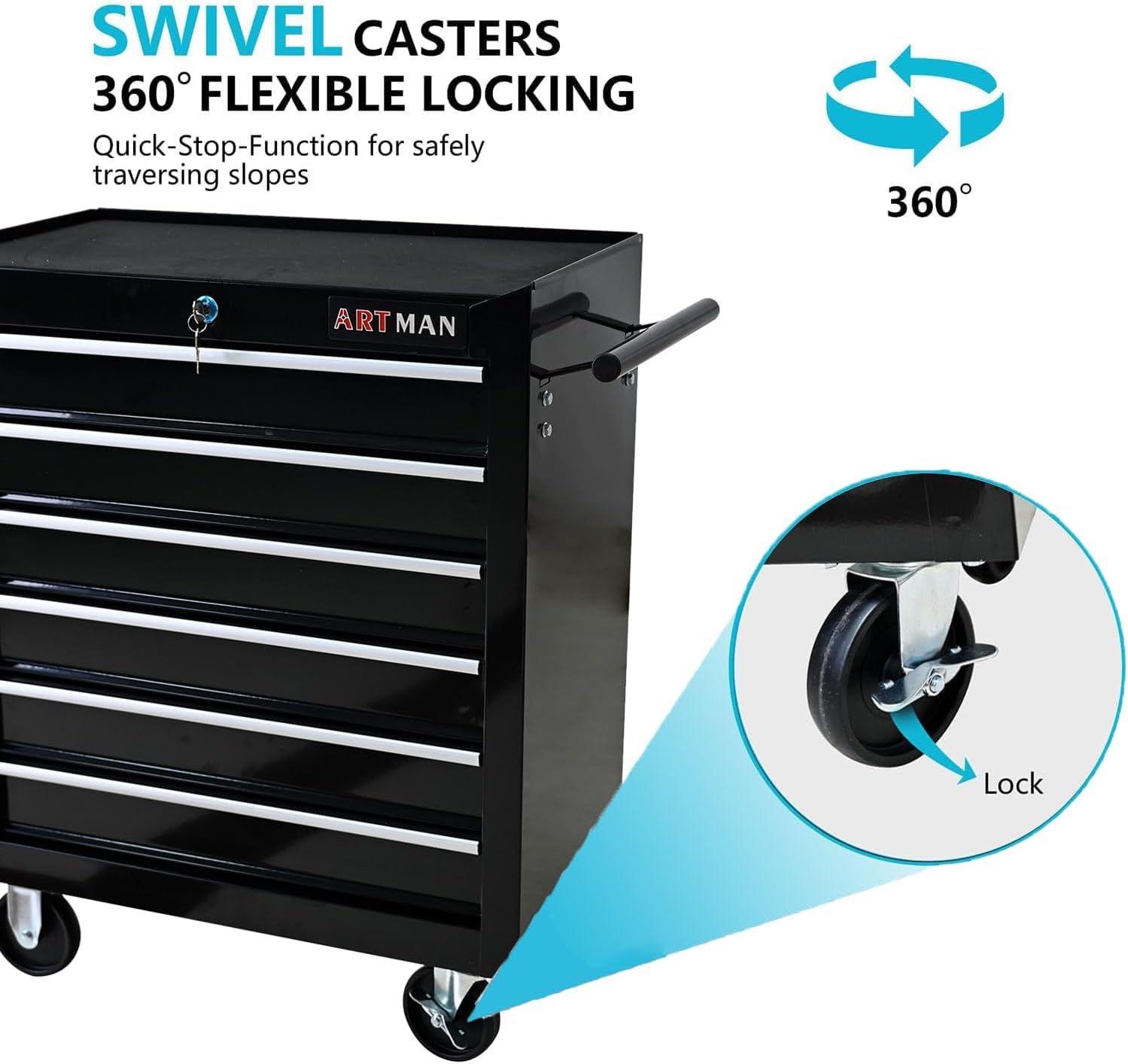 Aokleo 6 Drawers Tool Cart on Wheels, 6 Drawer Rolling Tool Chest with Key Lock, Trolley Organizer Tool Case, Multifunctional Rolling Tool Box for Garage,Warehouse,Workshop,Repair Shop (Black)