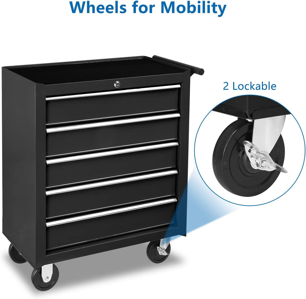 TUFFIOM 5-Drawer Rolling Tool Chest w/Drawers & Lock, Tool Storage Cabinet with Lockable Wheels, Top Cushion & Drawer Liners, Tool Organizer Box for Garage, Warehouse & Repair Sho