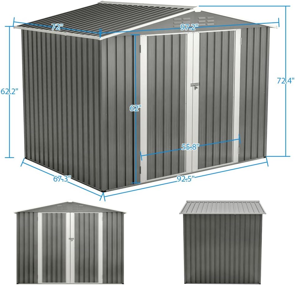 Large Outdoor Storage Shed 10x12 FT, Heavy-Duty Metal Garden Tool Organizer with Lockable Doors and Weather-Resistant Roof for Backyard (8x6 ft with Floor Frame)