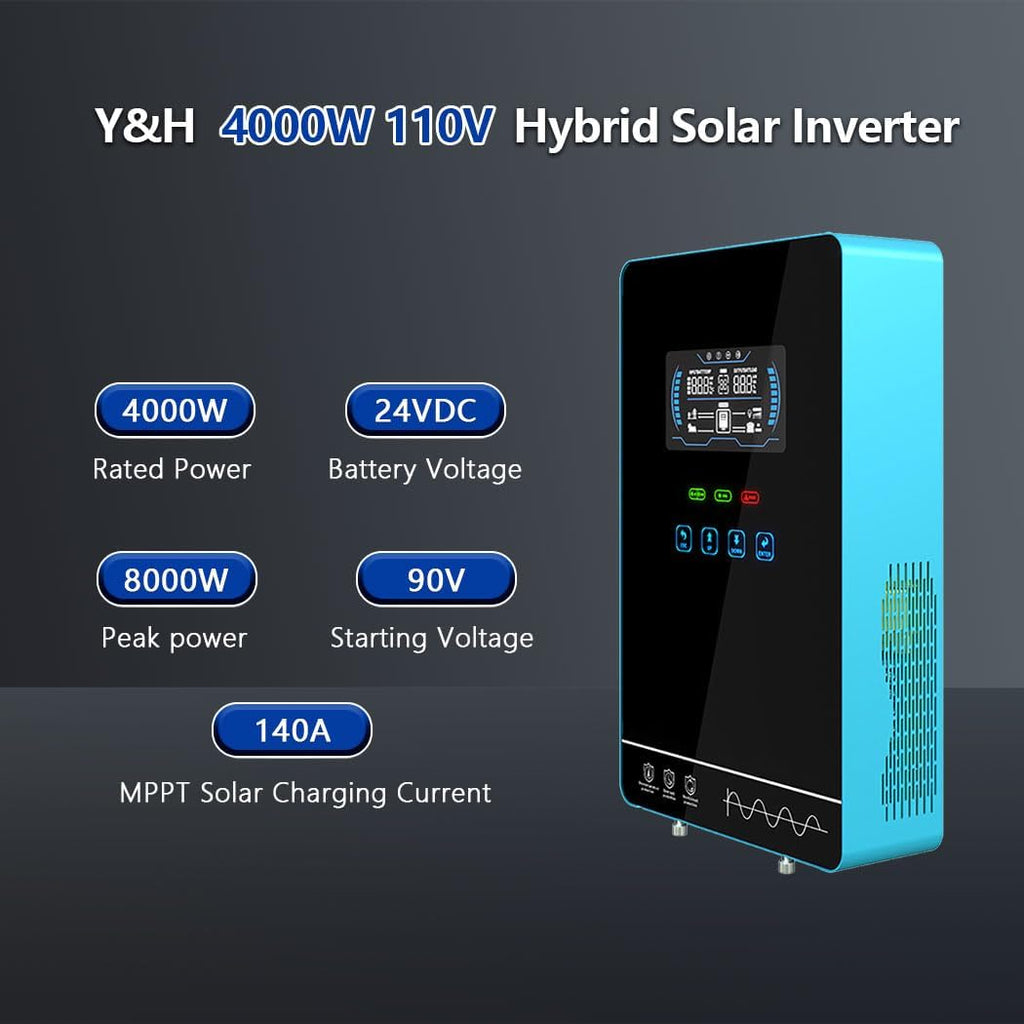 Y&H 4000W Hybrid Solar Inverter DC24V 120VAC Pure Sine Wave Output Battery-Free Starting, Built-in 140A MPPT Charger, 6.25' Touch LCD, UPS/Line/Battery Mode, for Off-Grid Home/RV/Energy Storage System