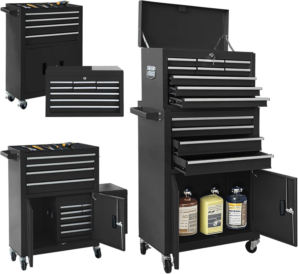 13-Drawer Double Doors Handle Rolling Tool Chest, 2 in 1 Detachable Rolling Tool Chests, Large Tool Boxes with Lock, Metal Standing Tool Cabinet for Garage Workshop(Black)
