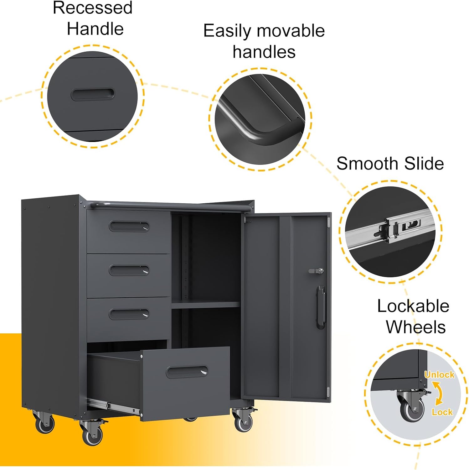 4-Drawer Rolling Tool Chest, Metal Tool Storage Cabinet on Wheels, Heavy Duty Tool Cart with Lockable Door & Handle, Mobile Toolbox Steel Locker for Garage, Home, Workshop, Warehouse, Black