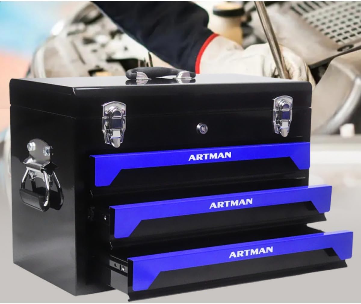 20' Portable 3 Drawer Steel Toolbox,Built in Tool Set,4 Layers of Tools with Metal Latches, with Top Storage Tray and carrying Handle, Multi-Function Tool Storage for Garage, Home,or Workbench