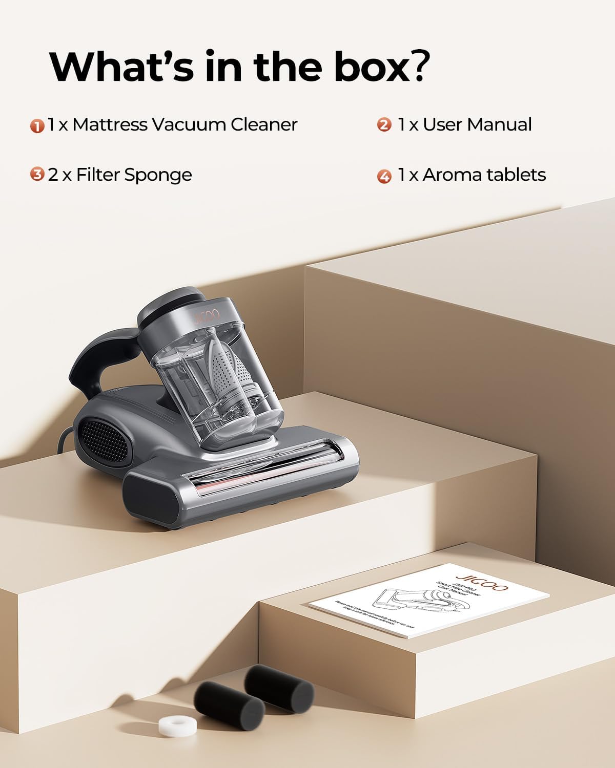 JIGOO J300 Pro Matture Vacuum Cleaner with 14Kpa 550W Powerful Suction, Infrared, UV & Heating Tech for Deep Cleaning, Anti-Allergen Bed Vacuum with Dust Sensor & Plant Fragrance for Bed, Sofa, Crib