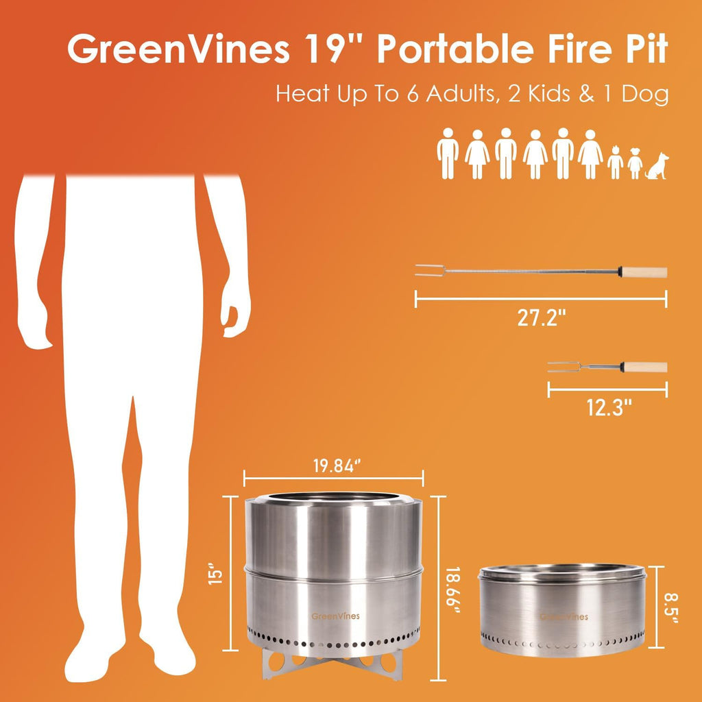GREENVINES Smokeless-Firepit | 19-Inch | Stainless-Steel-Fire-Pit | Portable Outdoor Pits with Stand for Camping | Solo Wood Burning Bonfire | Low Smoke Stove | Bag & Sticks & Holders
