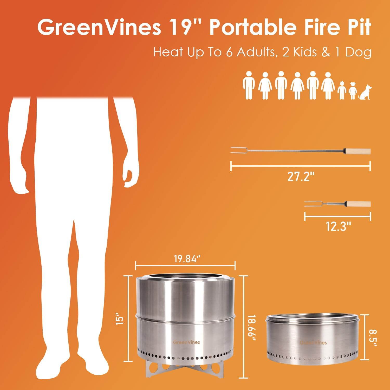 GreenVines Smokeless-Fire-Pit | 19-Inch | 304 Stainless-Steel-Firepit | Portable Outdoor Pits with Stand for Camping | Bag & Sticks & Holders | Solo Wood Burning Bonfire | Low Smoke Stove