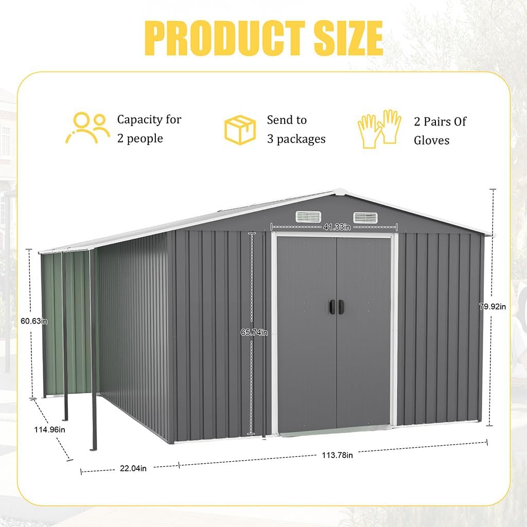 10×12 FT Extra-Large Outdoor Storage Shed with Firewood Bay, Waterproof Metal Garden Shed with Sliding Doors, Ramp, 4 Windows, Vents & Galvanized Steel Panels for Backyard, Lawn & Patio Tool Storage