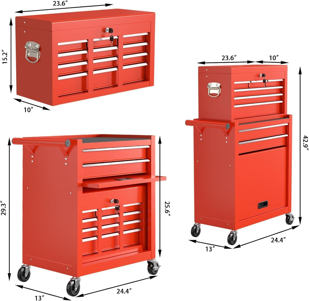 8 Drawer Rolling Tool Chest, High Capacity Tool Box with Lockable Wheels and Drawers, 2 in 1 Portable Toolbox Organizer Storage Cabinet For Garage, Warehouse, Repair Shop, Red