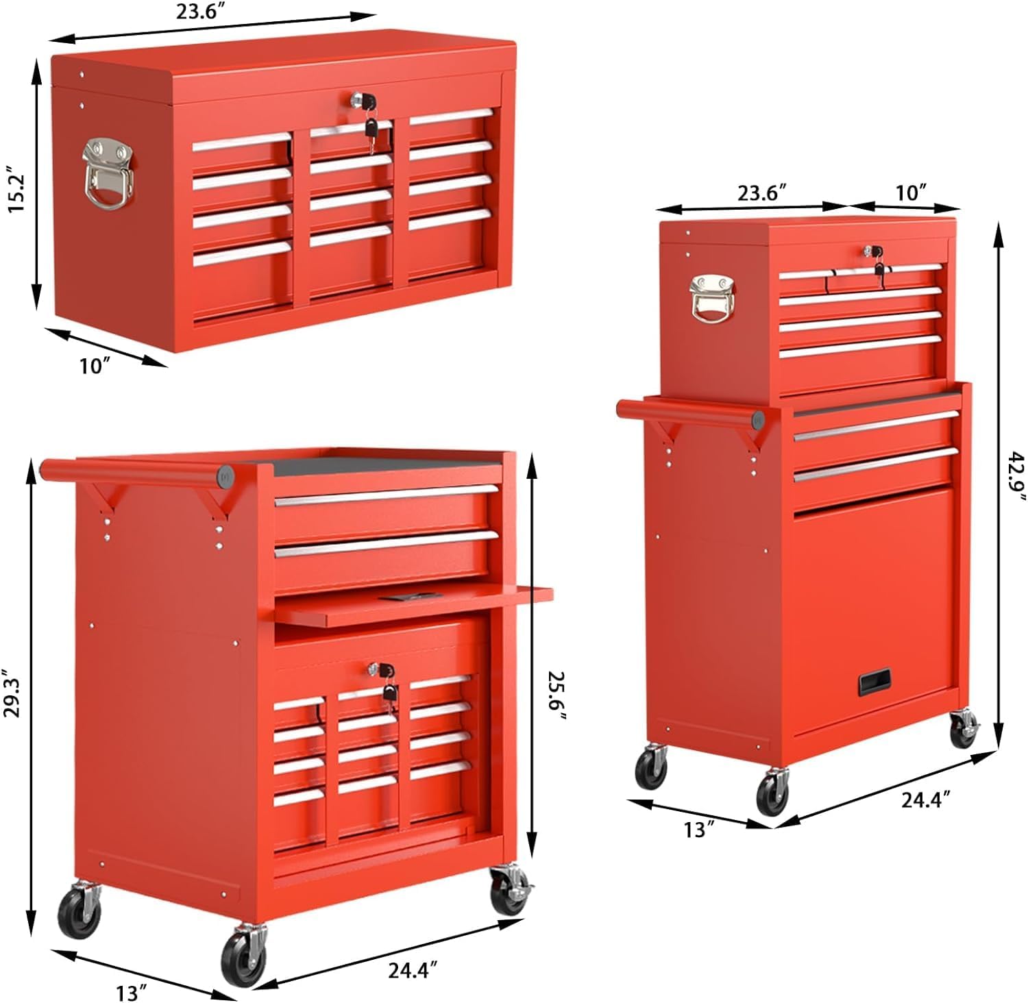 8 Drawer Rolling Tool Chest, High Capacity Tool Box with Lockable Wheels and Drawers, 2 in 1 Portable Toolbox Organizer Storage Cabinet For Garage, Warehouse, Repair Shop, Red