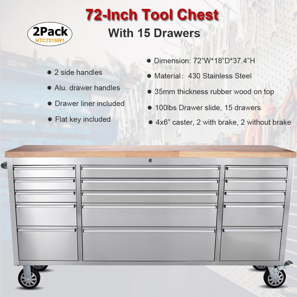 2 Pack - 72' Stainless Steel Rolling Tool Chest with 15 Drawers, Mobile Workbench, Assembled Large Tool Box Lockable Storage Cabinet with Wheels for Garage Workshop (2 × HTC7215W1)