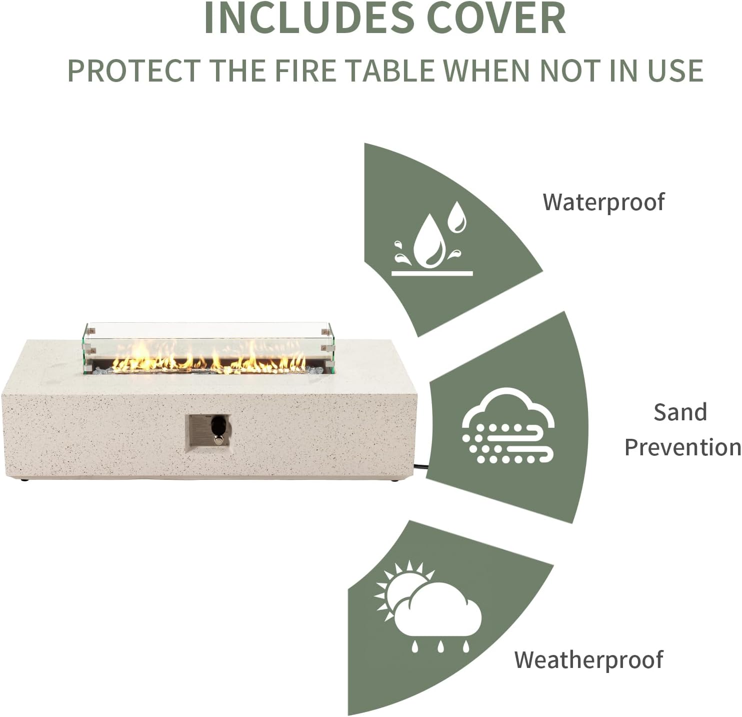 COSIEST Outdoor Propane Fire Pit Table, 56' x 28' Rectangle Terrazzo White Concrete-Like Finish, Certified, 50,000 BTU Stainless Steel Burner w Transparent Gray Fire Glass, Wind Guard, Raincover