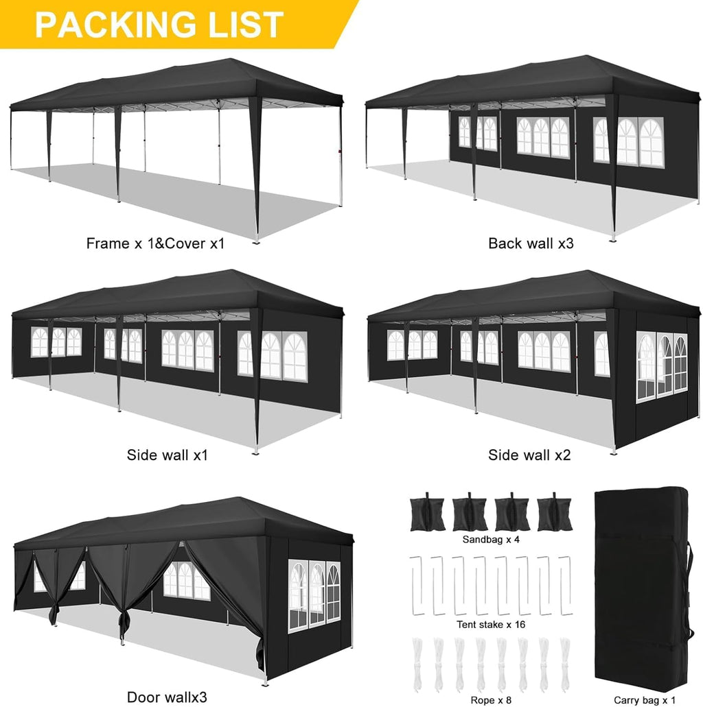 COBIZI Canopy 10x30 Pop Up Canopy Tent with 8 Sidewalls Party Tents for Parties Wedding Backyard Waterproof Outdoor Commercial Event Tent with Stakes, Ropes, Sandbags, Black