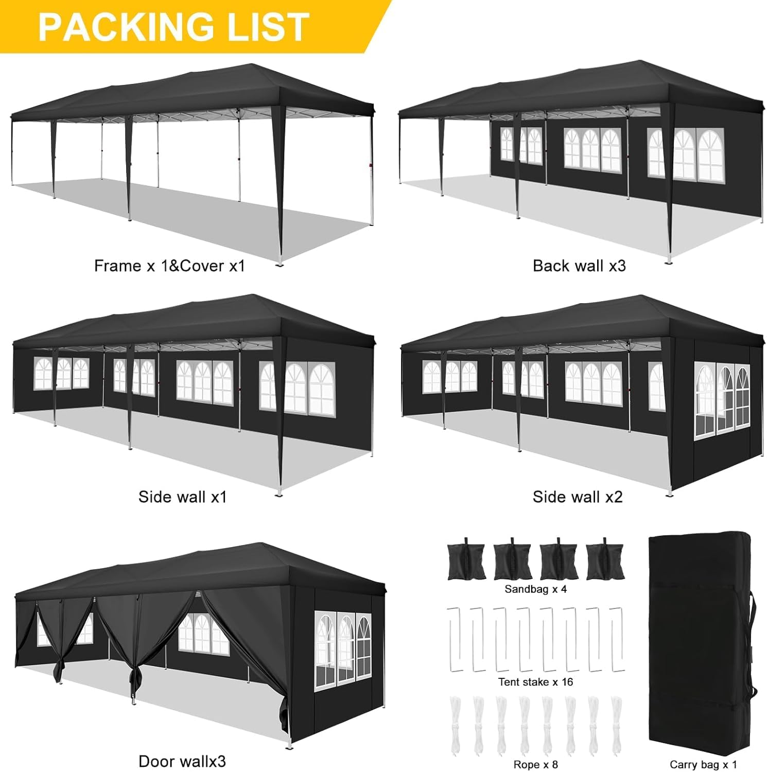COBIZI Canopy 10x30 Pop Up Canopy Tent with 8 Sidewalls Party Tents for Parties Wedding Backyard Waterproof Outdoor Commercial Event Tent with Stakes, Ropes, Sandbags, Black