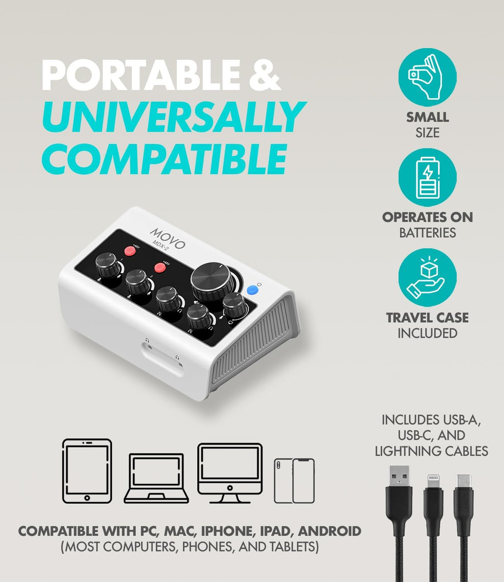 Movo Portable Podcast Equipment Bundle for iPhone/Android Phones- Podcast Kit with Audio Interface, 2 UM6 Dynamic Mics, 2 Headphones, 2 Boom Arms - for Smartphones, Computers, PC and Mac