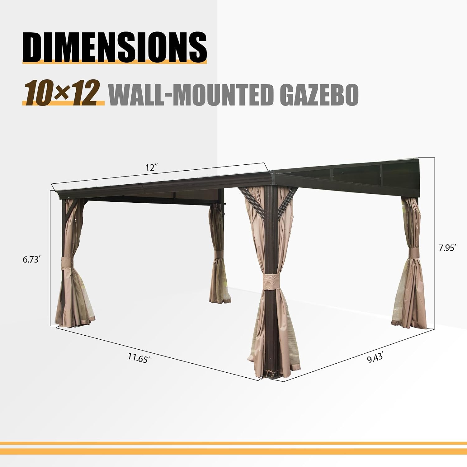 Domi 10x12FT Lean to Gazebo, Hardtop Wall Mounted Gazebo with Sloping Galvanized Steel Roof, Wall Pergola with Aluminum Frame, Curtains and Netting, for Patio, Deck, Garden, Backyard