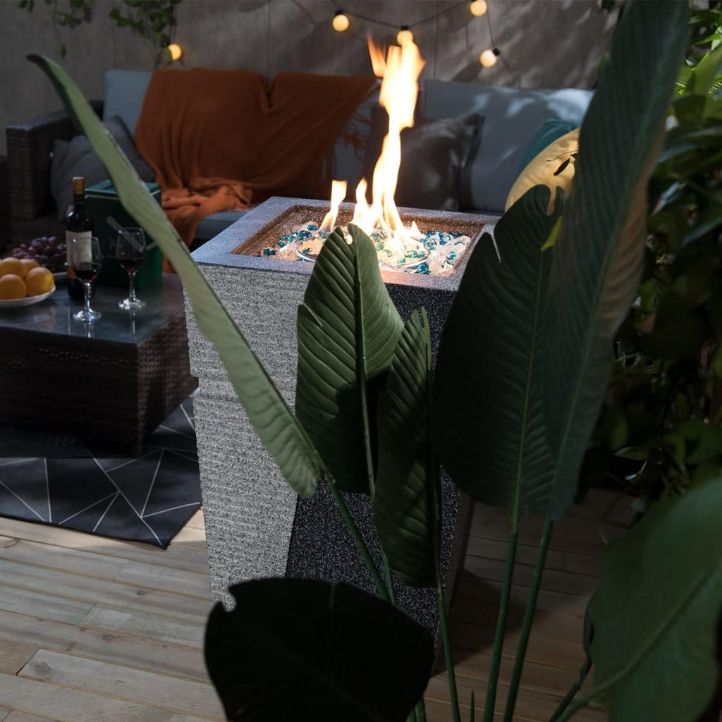20' Outdoor Propane Gas Fire Pit Table, 40,000 BTU Auto-Ignition Concrete Gas Firepit, Magnesium Oxide Cylinder Design, Side Handles and Cover, Mix Color Glass Rocks