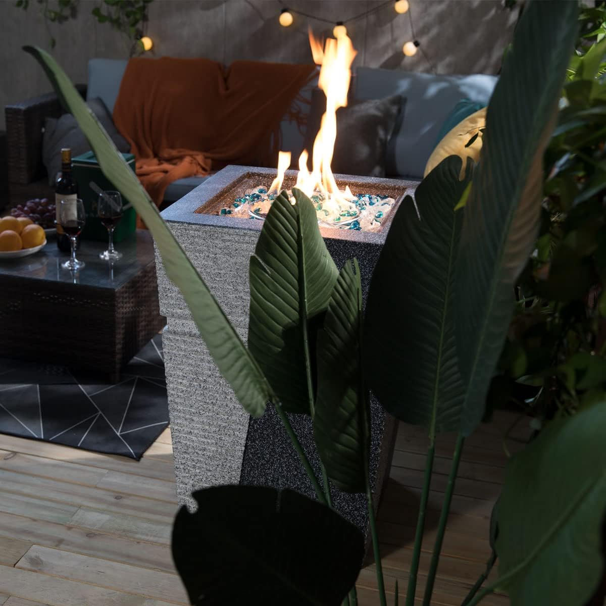 20' Outdoor Propane Gas Fire Pit Table, 40,000 BTU Auto-Ignition Concrete Gas Firepit, Magnesium Oxide Cylinder Design, Side Handles and Cover, Mix Color Glass Rocks