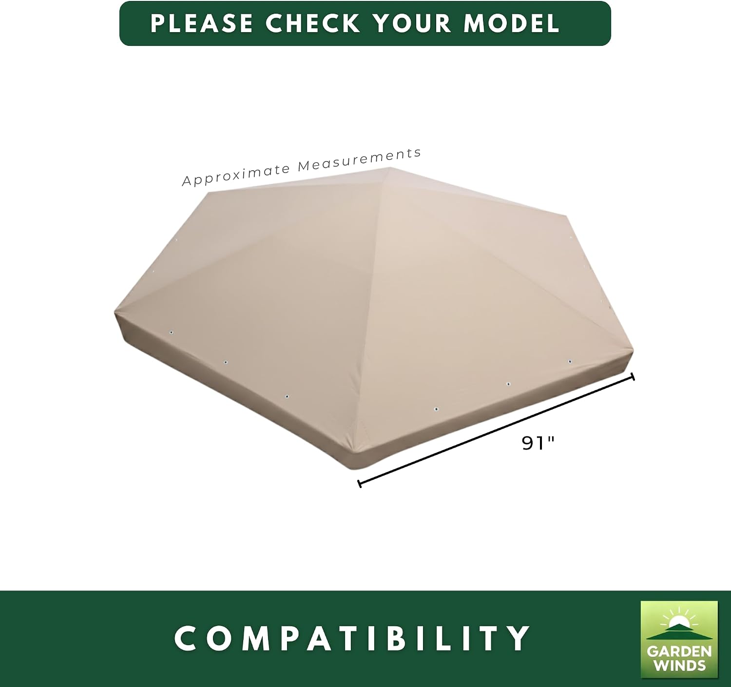 Garden Winds Heavy Duty Reinforced RipLock 500 Replacement Canopy Top Cover Compatible with Wood Hexagon Trellis Gazebo - Beige