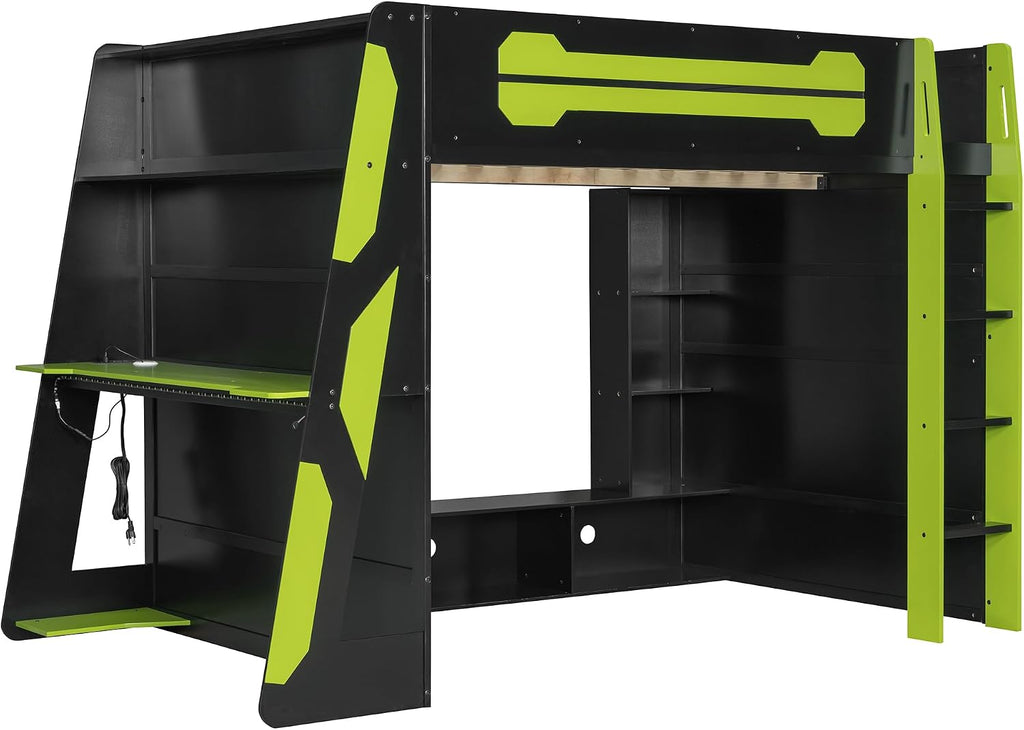 LUMISOL Full Size Gaming Loft Bed with Desk, Multi-Storage Shelves, RGB LED Lights & Built-in Charging Stations for Teens & Adults, Heavy Duty Support, Green Black