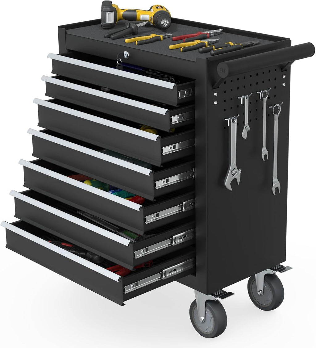 Heavy Duty Rolling Tool Box, 7 Drawer Tool Chest with Detachable Storage, Mobile Tool Cabinet on 4 Wheels for Garage, Workshop, Mechanics & Repair Room (Black)