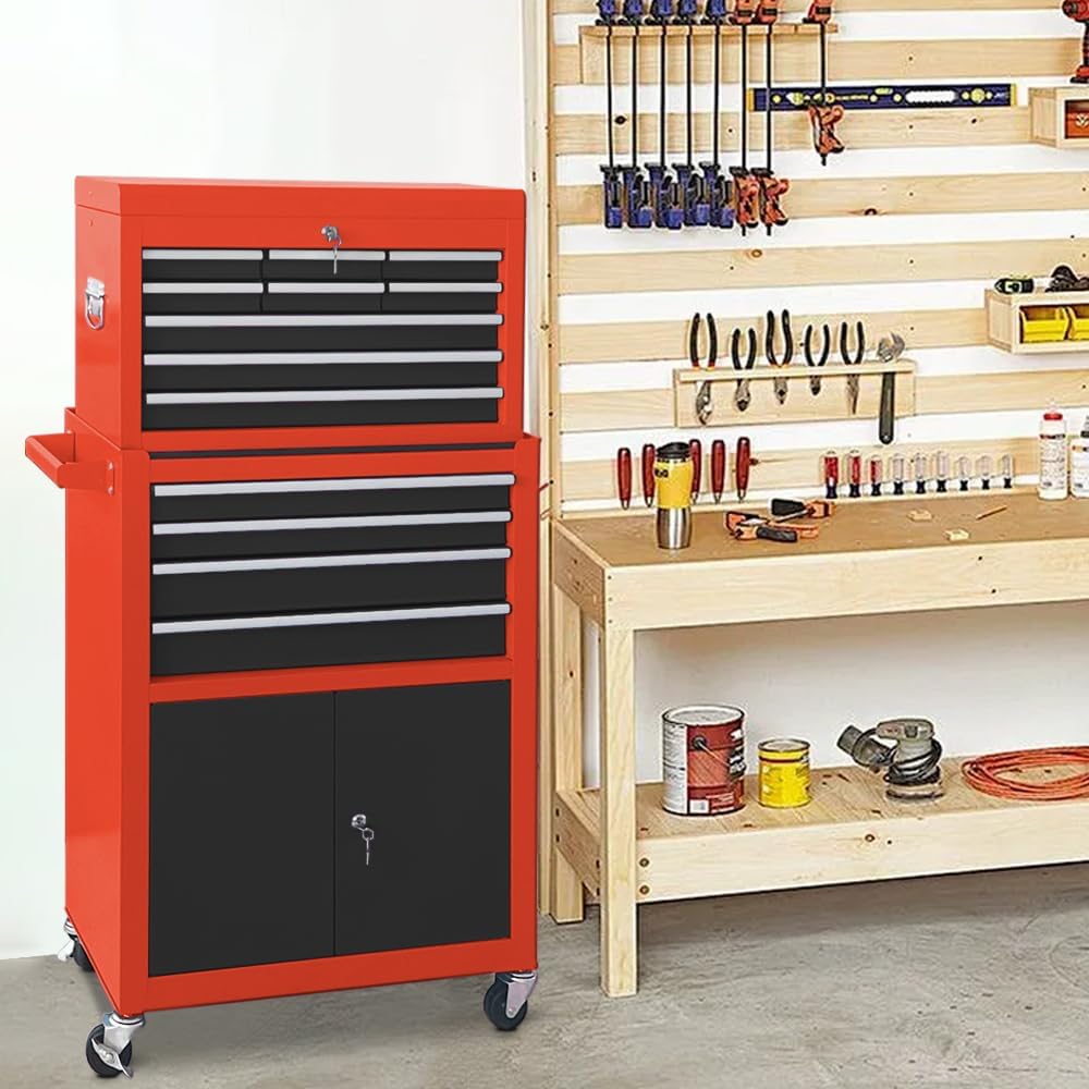 13 Drawers Tool Chest with Wheels, Rolling Tool Organizer with Drawers, Metal Tool Cabinet for Garage, Workshop(Red-Black)